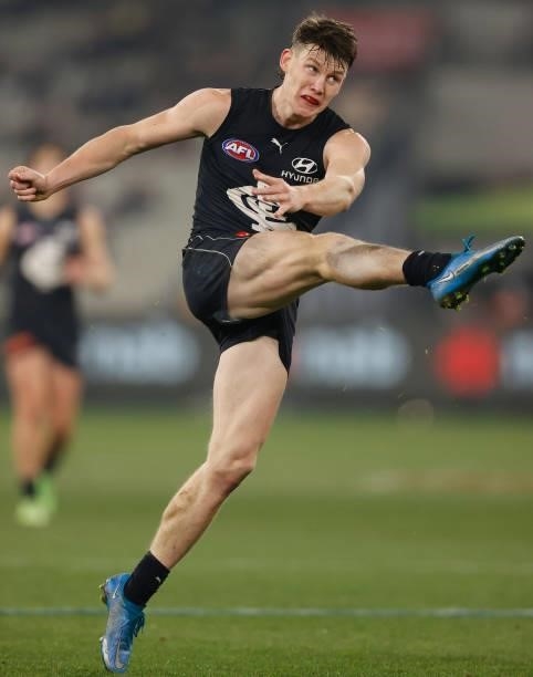 Sam Walsh of the Blues kicks a goal during the 2021 AFL Round 17 match between the Carlton Blues and the Geelong Cats at the Melbourne Cricket Ground...