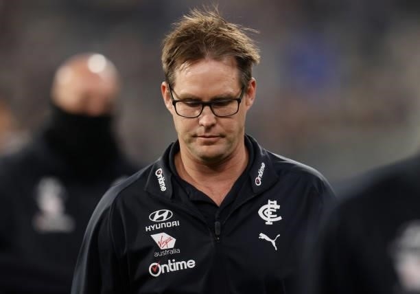 David Teague, Senior Coach of the Blues looks on during the 2021 AFL Round 17 match between the Carlton Blues and the Geelong Cats at the Melbourne...