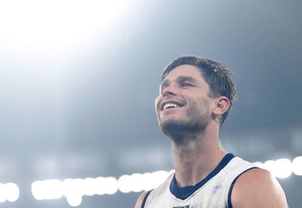 Tom Hawkins of the Cats celebrates during the 2021 AFL Round 17 match between the Carlton Blues and the Geelong Cats at the Melbourne Cricket Ground...