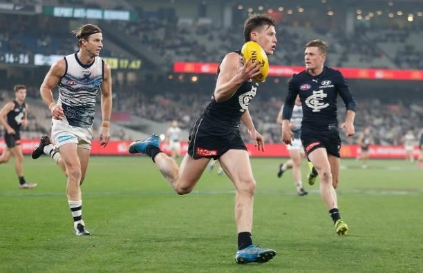 Sam Walsh of the Blues in action during the 2021 AFL Round 17 match between the Carlton Blues and the Geelong Cats at the Melbourne Cricket Ground on...