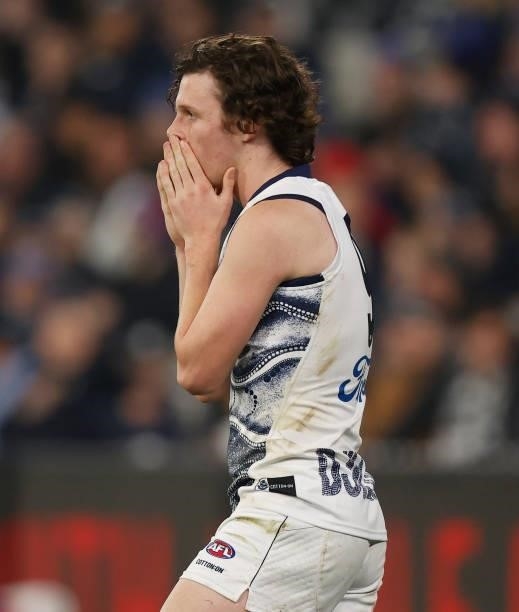 Max Holmes of the Cats rues a missed shot on goal during the 2021 AFL Round 17 match between the Carlton Blues and the Geelong Cats at the Melbourne...