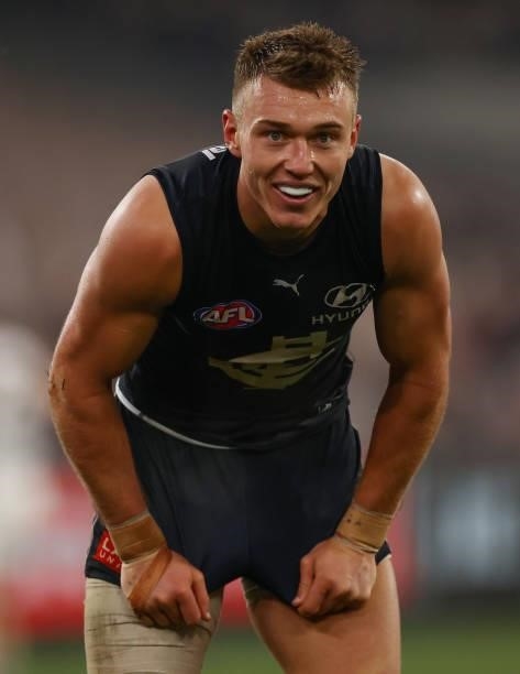 Patrick Cripps of the Blues looks on during the 2021 AFL Round 17 match between the Carlton Blues and the Geelong Cats at the Melbourne Cricket...
