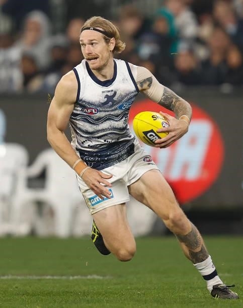 Tom Stewart of the Cats in action during the 2021 AFL Round 17 match between the Carlton Blues and the Geelong Cats at the Melbourne Cricket Ground...