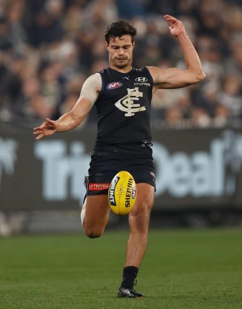 Jack Silvagni of the Blues kicks the ball during the 2021 AFL Round 17 match between the Carlton Blues and the Geelong Cats at the Melbourne Cricket...
