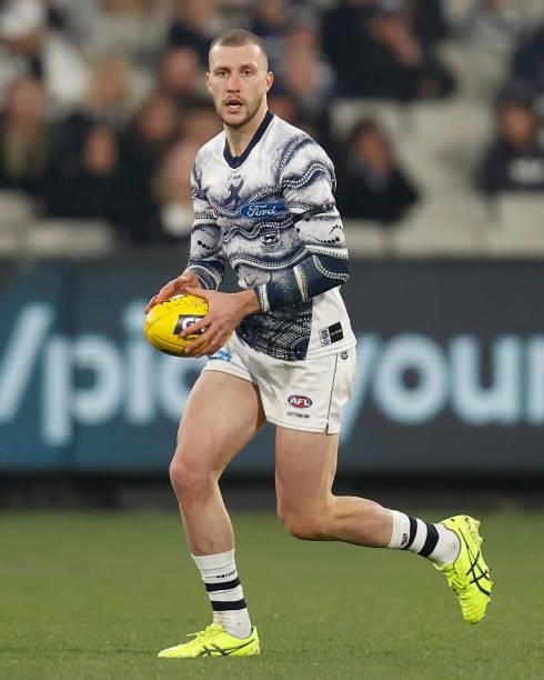 Sam Menegola of the Cats in action during the 2021 AFL Round 17 match between the Carlton Blues and the Geelong Cats at the Melbourne Cricket Ground...