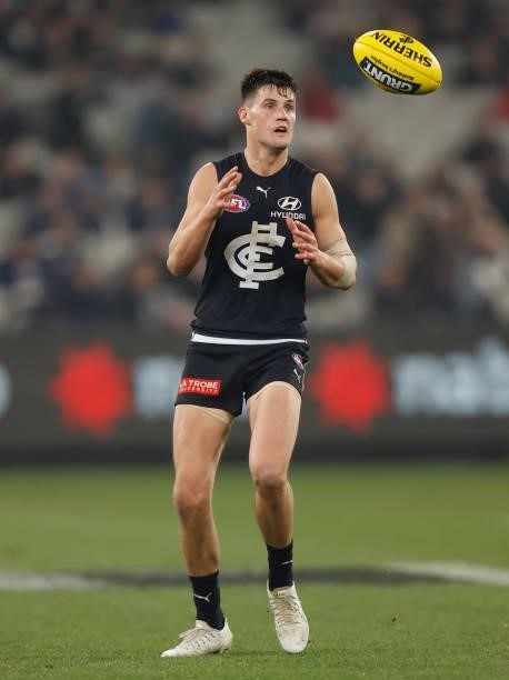 Nic Newman of the Blues in action during the 2021 AFL Round 17 match between the Carlton Blues and the Geelong Cats at the Melbourne Cricket Ground...