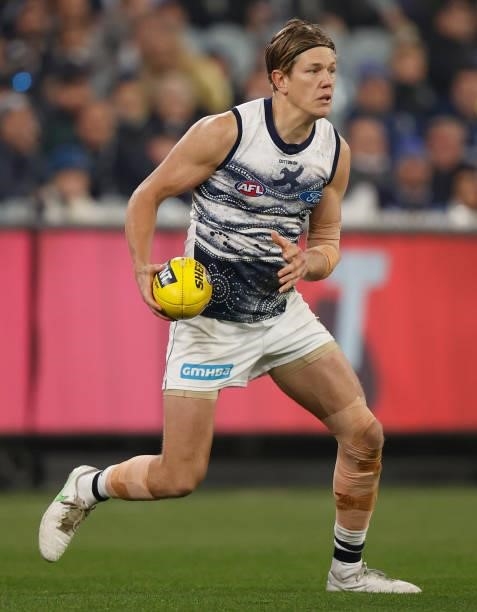 Rhys Stanley of the Cats in action during the 2021 AFL Round 17 match between the Carlton Blues and the Geelong Cats at the Melbourne Cricket Ground...