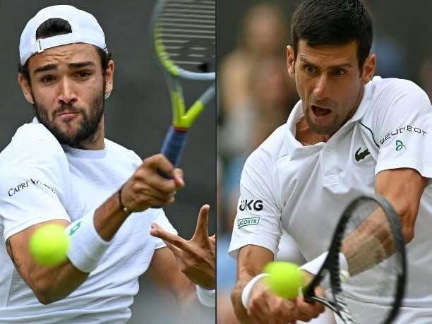 This combination of pictures created on July 10, 2021 shows Italy's Matteo Berrettini returns against Poland's Hubert Hurkacz during their men's...