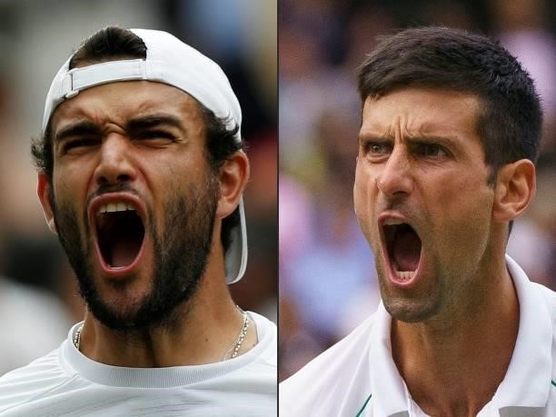 This combination of pictures created on July 10, 2021 shows Italy's Matteo Berrettini celebrating his win against Poland's Hubert Hurkacz during his...