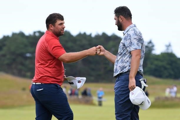 Jon Rahm is pictured with Jack Senior during day three of the abrdn Scottish Open at the Renaissance Club on July 10 in North Berwick, Scotland.
