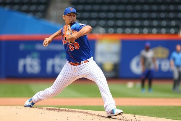 Pitcher Carlos Carrasco of the New York Mets throws off the mound to live batters before game one of a double header against the Pittsburgh Pirates...