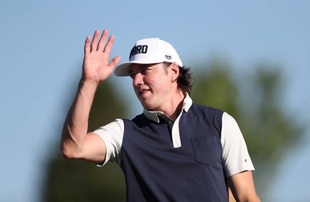 Athlete T.J. Oshie waves on the first hole during round two of the American Century Championship at Edgewood Tahoe South golf course on July 10, 2020...