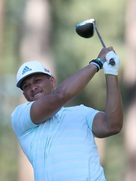 Athlete Patrick Mahomes tees off on the second hole during round two of the American Century Championship at Edgewood Tahoe South golf course on July...