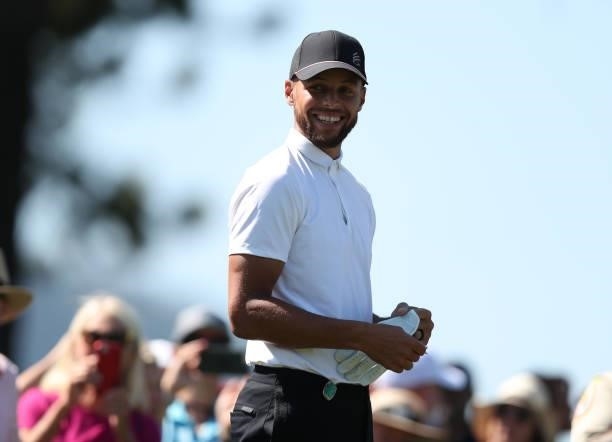 Athlete Steph Curry smiles on the third hole of the American Century Championship at Edgewood Tahoe South golf course on July 10, 2020 in South Lake...