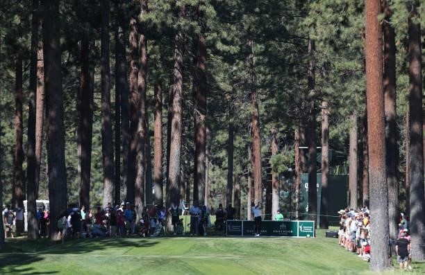 Athlete Steph Curry tees off on the second hole during round two of the American Century Championship at Edgewood Tahoe South golf course on July 10,...
