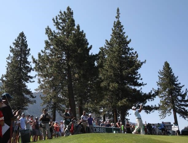 Athlete Patrick Mahomes tees off on the third hole during round two of the American Century Championship at Edgewood Tahoe South golf course on July...