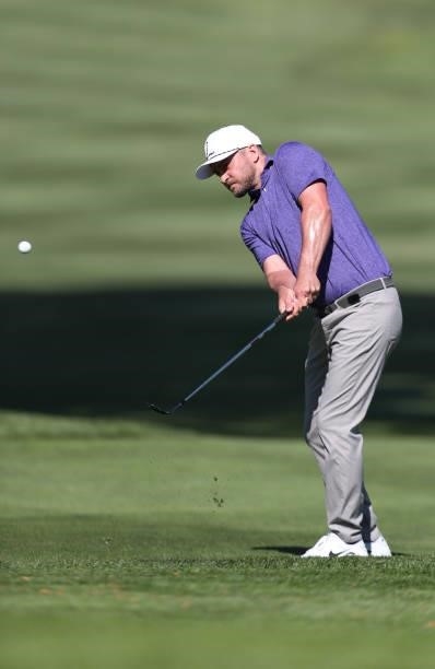 Musician Justin Timberlake hits a shot on the second hole during round two of the American Century Championship at Edgewood Tahoe South golf course...