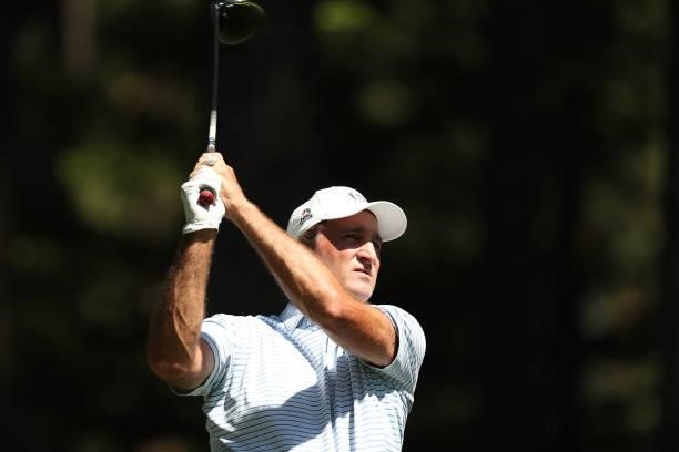 Former NBA athlete Vinny Del Negro tees off on the 4th hole of the American Century Championship at Edgewood Tahoe South golf course on July 10, 2020...