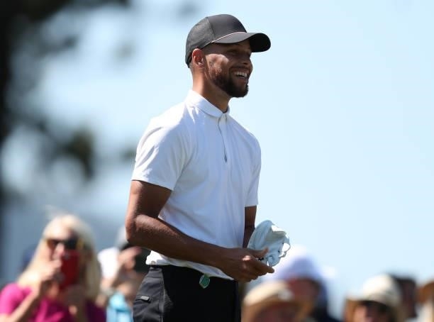 Athlete Steph Curry smiles on the third hole of the American Century Championship at Edgewood Tahoe South golf course on July 10, 2020 in South Lake...