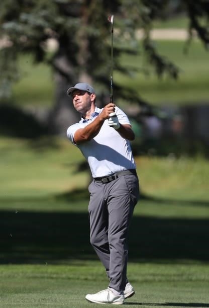 Former NFL athlete Tony Romo hits a shot on the second hole during round two of the American Century Championship at Edgewood Tahoe South golf course...