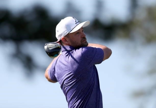 Musician Justin Timberlake tees off on the third hole during round two of the American Century Championship at Edgewood Tahoe South golf course on...
