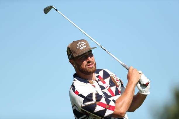 Athlete Travis Kelce tees off on the first hole during round two of the American Century Championship at Edgewood Tahoe South golf course on July 10,...