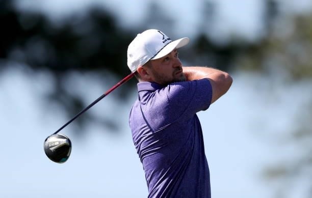 Musician Justin Timberlake tees off on the third hole during round two of the American Century Championship at Edgewood Tahoe South golf course on...