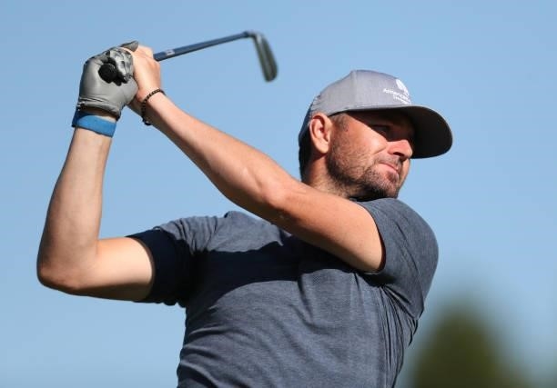 Former professional tennis athlete Mardy Fish tees off on the first hole during round two of the American Century Championship at Edgewood Tahoe...
