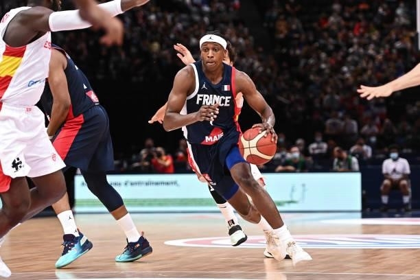 Frank NTILIKINA of France during the preparation for Olympic Games basketball match between France and Spain at Hotel Accor Arena Bercy on July 10,...