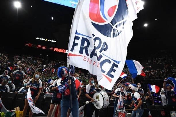 Fans of France during the preparation for Olympic Games basketball match between France and Spain at Hotel Accor Arena Bercy on July 10, 2021 in...