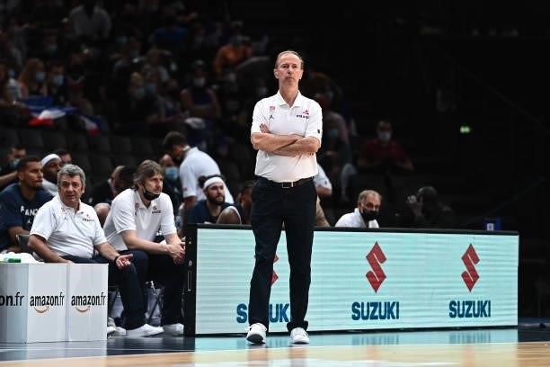 Vincent COLLET coach of France during the preparation for Olympic Games basketball match between France and Spain at Hotel Accor Arena Bercy on July...
