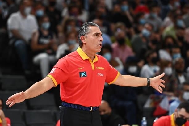 Sergio SCARIOLO coach of Spain during the preparation for Olympic Games basketball match between France and Spain at Hotel Accor Arena Bercy on July...