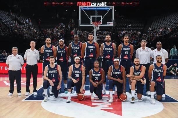 Team of France line up during the preparation for Olympic Games basketball match between France and Spain at Hotel Accor Arena Bercy on July 10, 2021...