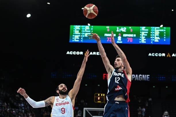 Ricky RUBIO of Spain and Nando DE COLO of France during the preparation for Olympic Games basketball match between France and Spain at Hotel Accor...