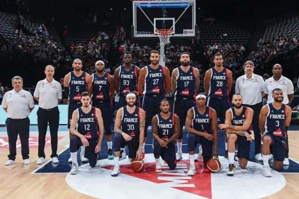 Team of France line up during the preparation for Olympic Games basketball match between France and Spain at Hotel Accor Arena Bercy on July 10, 2021...