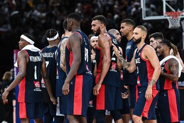 Team of France during the preparation for Olympic Games basketball match between France and Spain at Hotel Accor Arena Bercy on July 10, 2021 in...