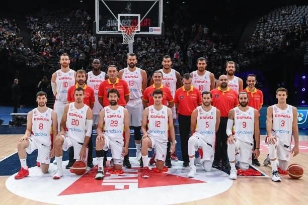 Team of Spain line up during the preparation for Olympic Games basketball match between France and Spain at Hotel Accor Arena Bercy on July 10, 2021...