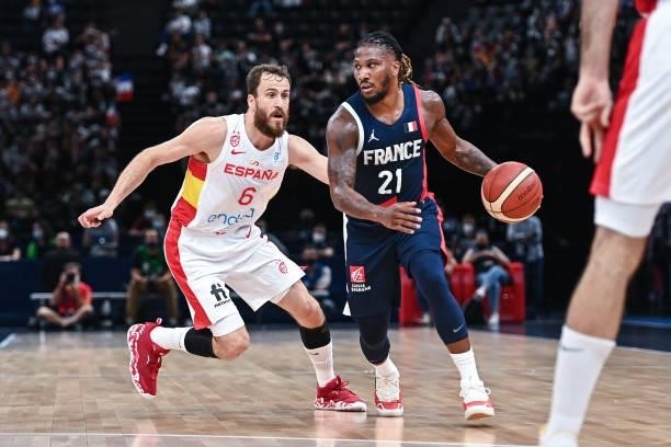 Andrew ALBICY of France and Sergio RODRIGUEZ of Spain during the preparation for Olympic Games basketball match between France and Spain at Hotel...
