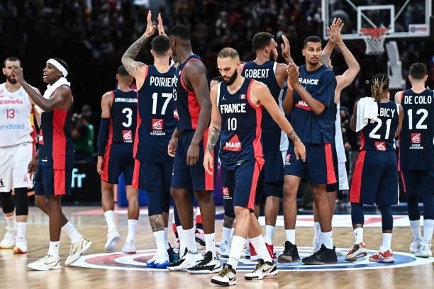 Evan FOURNIER of France looks dejected and Team of France during the preparation for Olympic Games basketball match between France and Spain at Hotel...