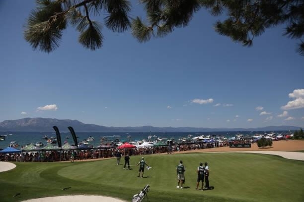 General view of the 17th hole during round two of the American Century Championship at Edgewood Tahoe South golf course on July 10, 2020 in South...