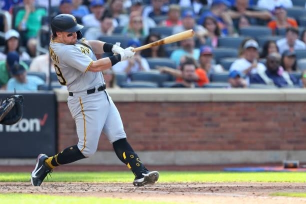 John Nogowski of the Pittsburgh Pirates hits a two-run double during the fourth inning against the New York Mets during game one of a double header...