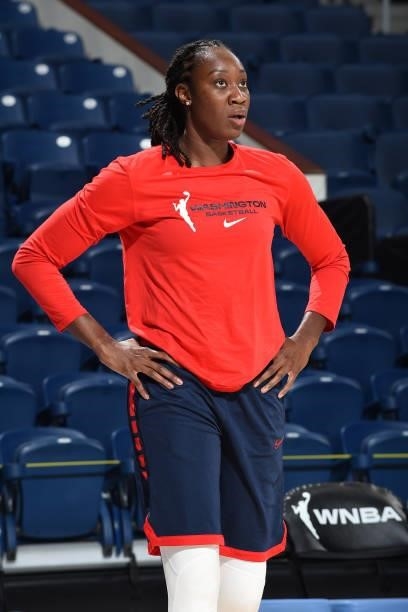 Tina Charles of the Washington Mystics looks on before the game against the Chicago Sky on July 10, 2021 at the Wintrust Arena in Chicago, Illinois....