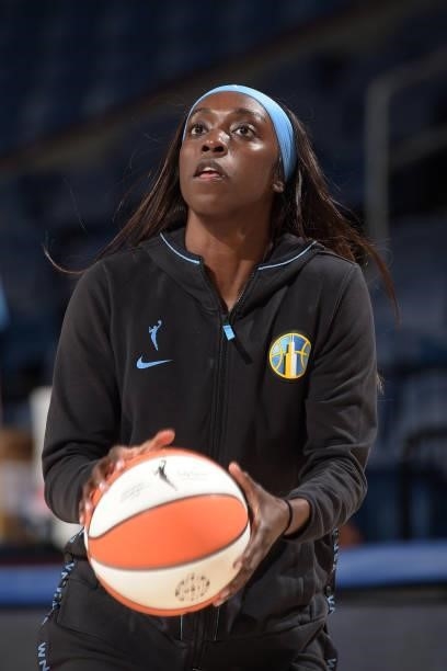 Kahleah Cooper of the Chicago Sky handles the ball before the game against the Washington Mystics on July 10, 2021 at the Wintrust Arena in Chicago,...
