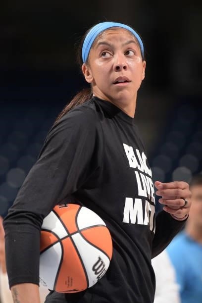 Candace Parker of the Chicago Sky looks on before the game against the Washington Mystics on July 10, 2021 at the Wintrust Arena in Chicago,...