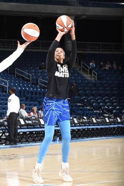 Candace Parker of the Chicago Sky shoots the ball before the game against the Washington Mystics on July 10, 2021 at the Wintrust Arena in Chicago,...