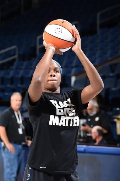 Ruthy Hebard of the Chicago Sky shoots the ball before the game against the Washington Mystics on July 10, 2021 at the Wintrust Arena in Chicago,...