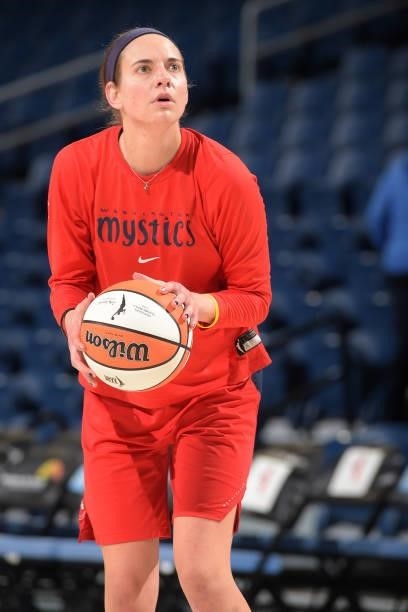 Sydney Wiese of the Washington Mystics handles the ball before the game against the Chicago Sky on July 10, 2021 at the Wintrust Arena in Chicago,...