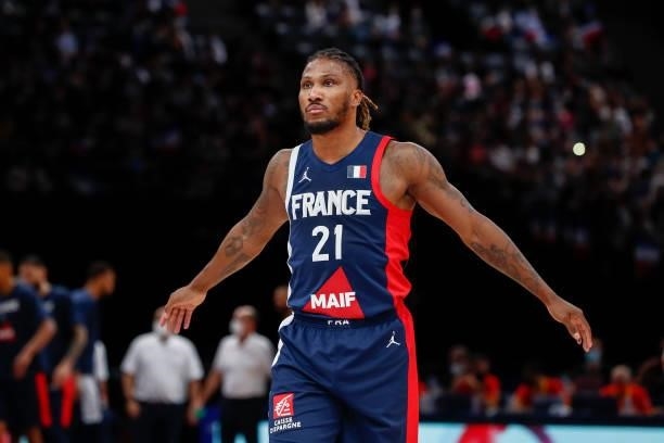 Andrew Albicy of France looks on during the preparation for Olympic Games basketball match between France and Spain at Accor Arena on July 10, 2021...