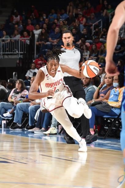 Ariel Atkins of the Washington Mystics dribbles the ball against the Chicago Sky on July 10, 2021 at the Wintrust Arena in Chicago, Illinois. NOTE TO...