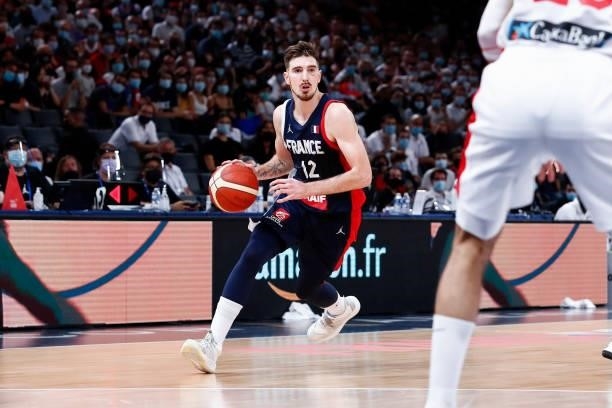Nando De Colo of France drives to the basket during the preparation for Olympic Games basketball match between France and Spain at Accor Arena on...
